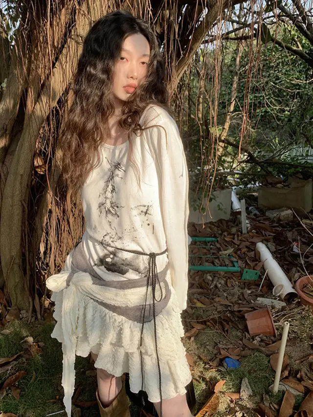 Printed Knitted T shirt High Waist Short Irregular Skirt Two piece Set Skirt - Shop at LoveMi