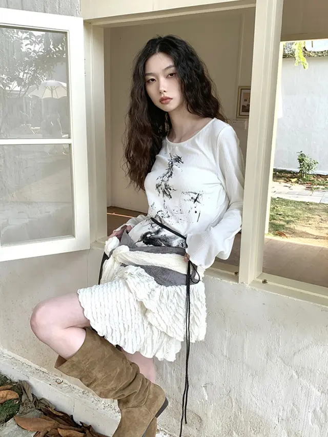 Printed Knitted T shirt High Waist Short Irregular Skirt Two piece Set T Shirt - Shop at LoveMi
