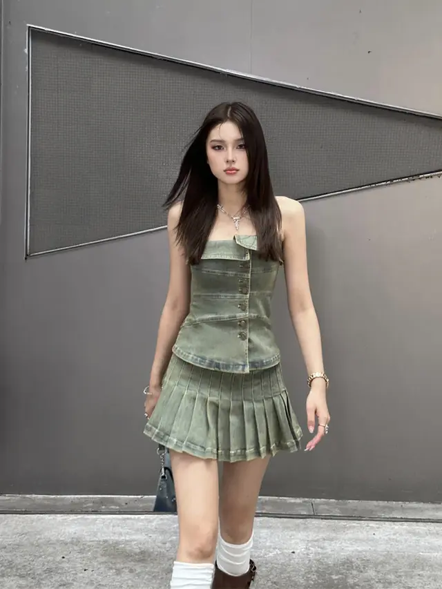 Sleeveless Denim Top High Waist Pleated Skirt Skirt Two piece Set Top - Shop at LoveMi