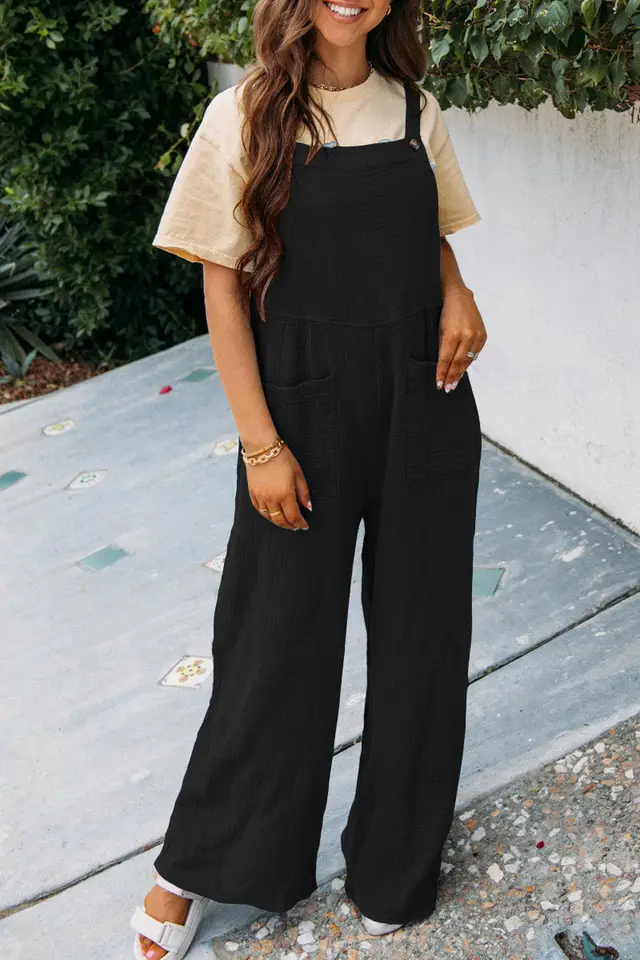 Summer Women's Casual Solid Color Pocket Square Collar Loose Overalls Black - Shop at LoveMi