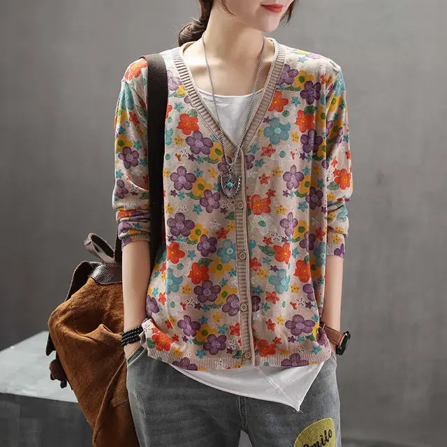Women's Retro Art Floral Print Knitted Cardigan Sweater Coat White - Shop at LoveMi