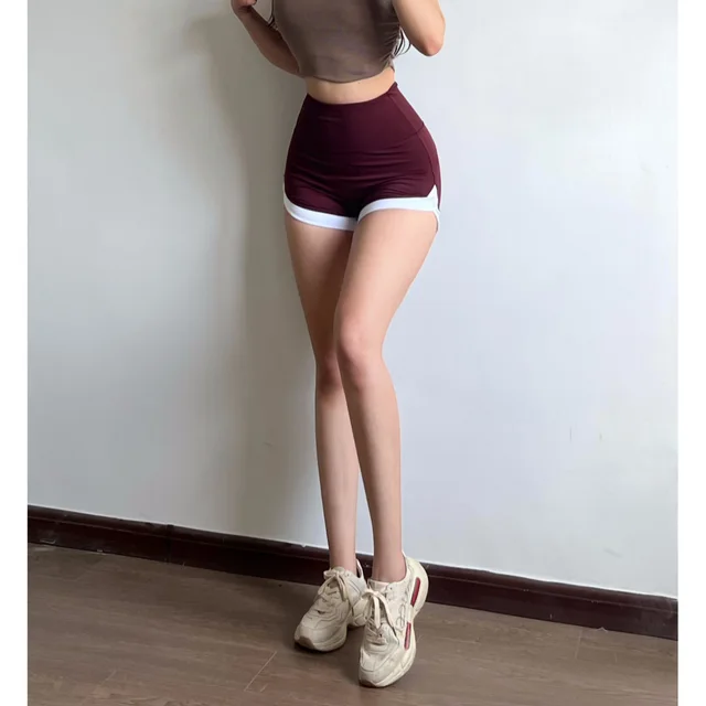 Women's Color Matching Sports Shorts High Waist Tight Dark Red - Shop at LoveMi