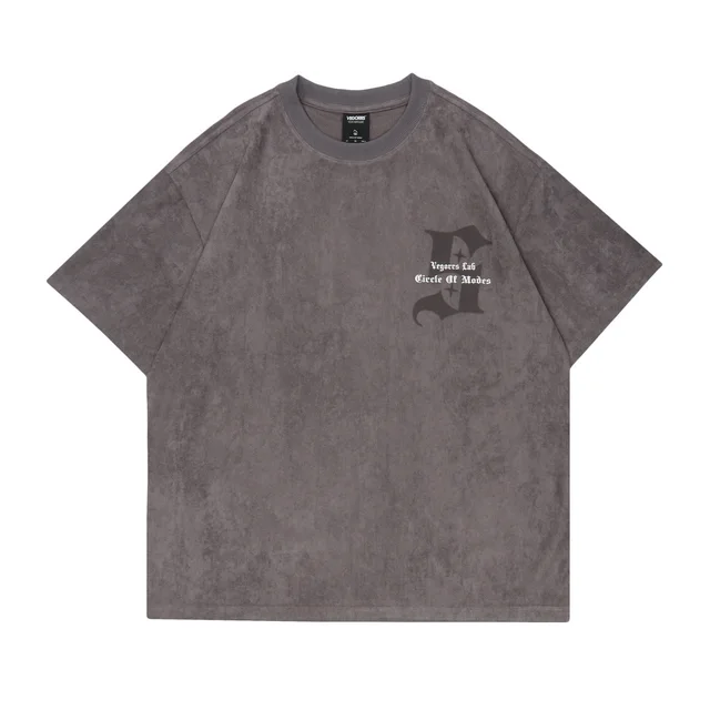 American Retro Virtual Shadow Letter Printed Suede Short Sleeve Dark Gray - Shop at LoveMi