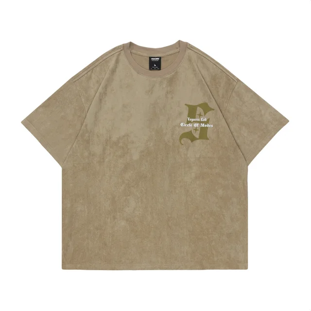 American Retro Virtual Shadow Letter Printed Suede Short Sleeve Gray Green - Shop at LoveMi