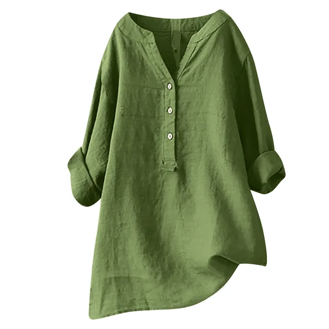 Loose Solid Color Cotton And Linen Top Shirt Green - Shop at LoveMi