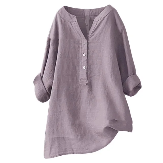 Loose Solid Color Cotton And Linen Top Shirt Purple - Shop at LoveMi