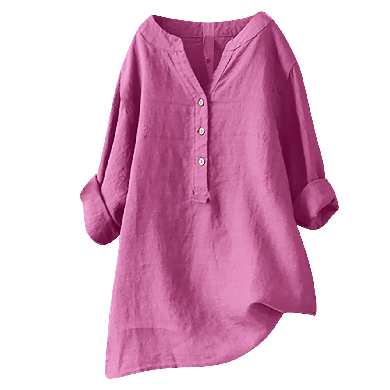 Loose Solid Color Cotton And Linen Top Shirt - Rose Red