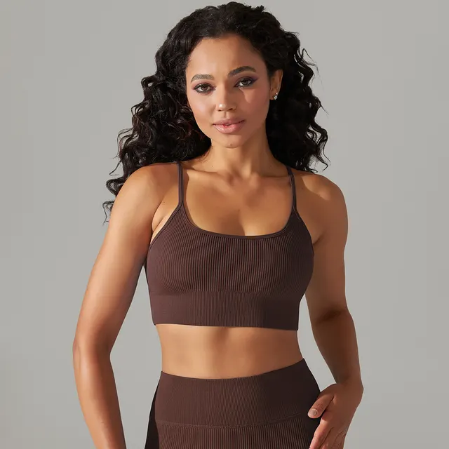 Yoga Clothes Suit Seamless High Waist Women Spaghetti Strap Bra Coffee - Shop at LoveMi