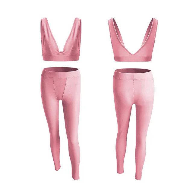 Women's V neck Sports Yoga Cotton Solid Color Two piece Set Pink Long - Shop at LoveMi