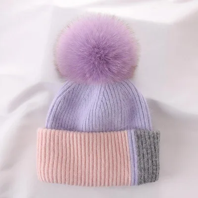 Rabbit Fur Autumn Winter Korean Cute Real Fox Fur Ball Thick Warm Plush Knitted Hat Taro Purple - Shop at LoveMi