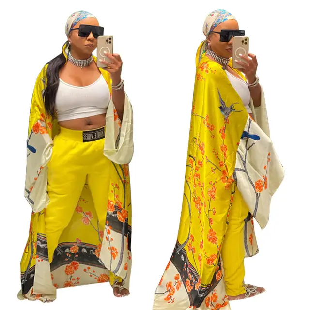 Kimono Silk like Multi print Coat Yellow - Shop at LoveMi
