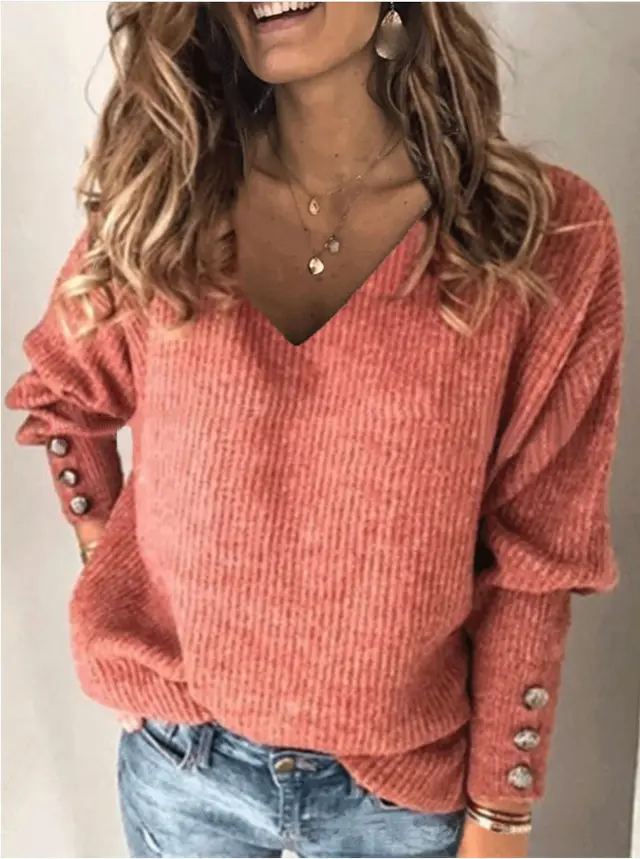 All match Knitted V neck Loose Long sleeved T shirt Coral - Shop at LoveMi