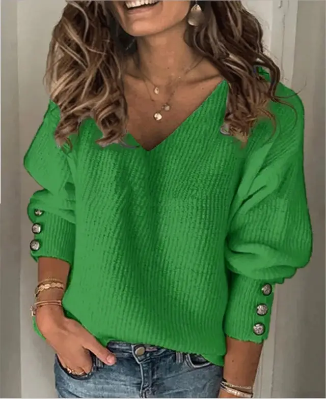 All match Knitted V neck Loose Long sleeved T shirt Green - Shop at LoveMi