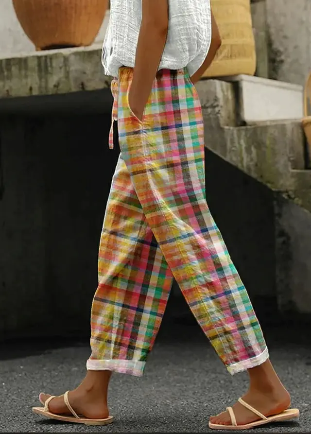 3D Digital Printing Cotton And Linen Simplicity Rag eared Casual Pants Printable Type Colorful Plaid Pattern - Shop at LoveMi