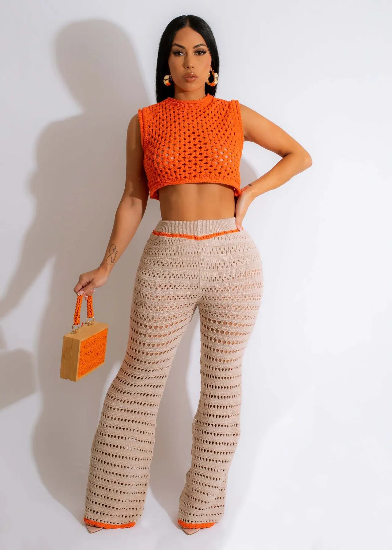 Knitted Hand Crochet Outdoor Sports And Casual Suit - Orange 1