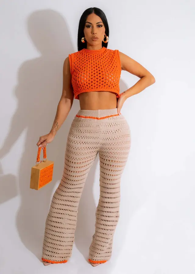 Knitted Hand Crochet Outdoor Sports And Casual Suit Orange 1 - Shop at LoveMi