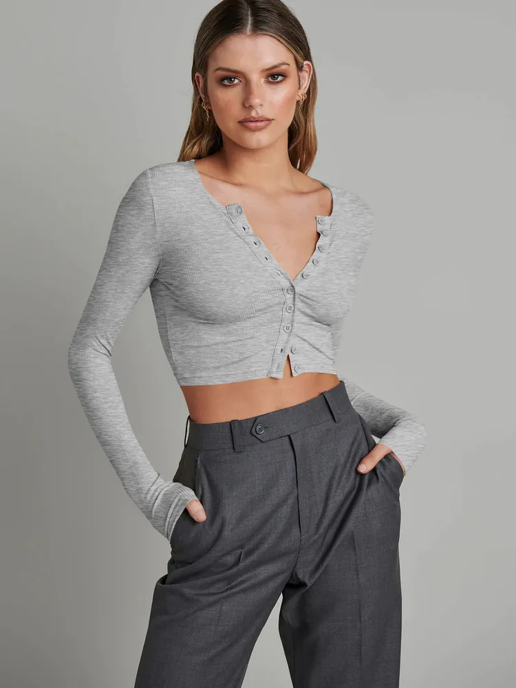 Button Rib Long Sleeve Knitted Cardigan Women's Clothes Cropped Top - Esij006 Floral Gray