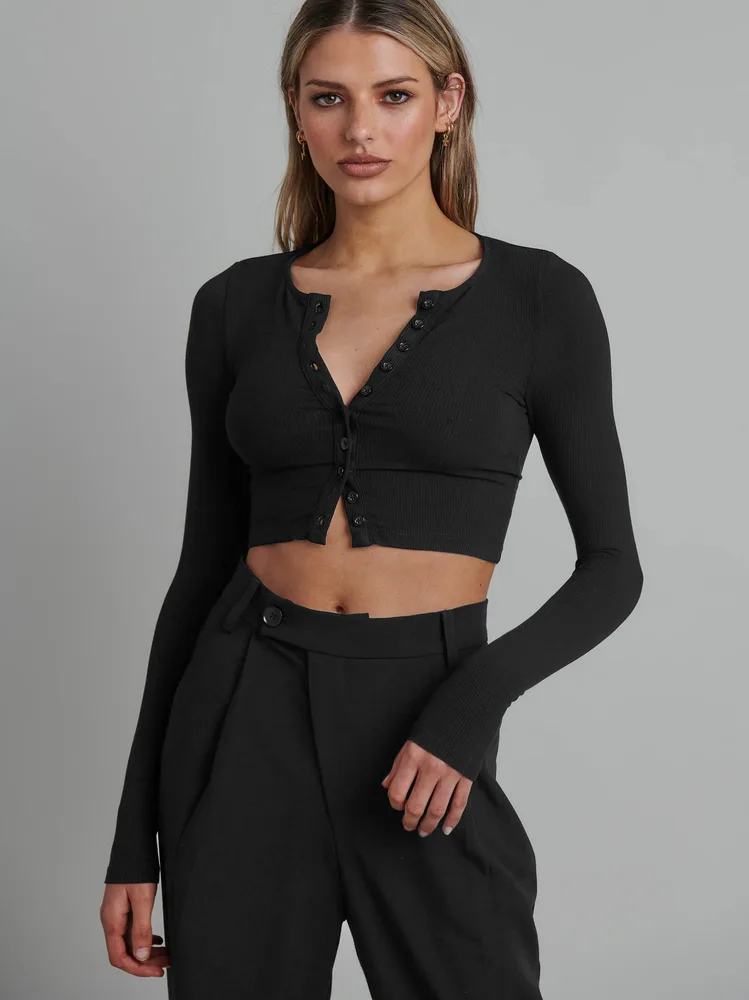 Button Rib Long Sleeve Knitted Cardigan Women's Clothes Cropped Top Esij021 Black - Shop at LoveMi