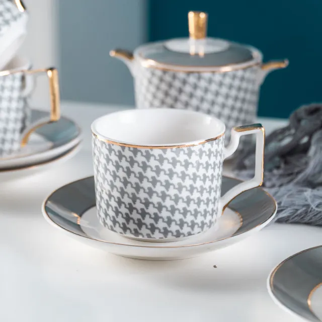 Nordic Ceramic Coffee Pot Set Houndstooth Gold High end Teapot Set British Teacup And Saucer Logo Can Be Added Single Cup And Saucer - Shop at LoveMi