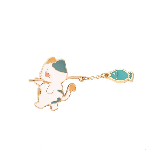 Cute Cartoon Cat Fishing Style Badge Brooch Xz0485 - Shop at LoveMi
