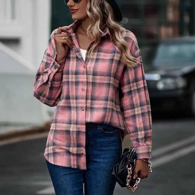 Women's New Casual Loose Boyfriend Plaid Shirt Pink - Shop at LoveMi