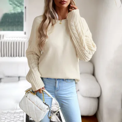 Women's Fashionable Simple Round Neck Sweater Beige - Shop at LoveMi