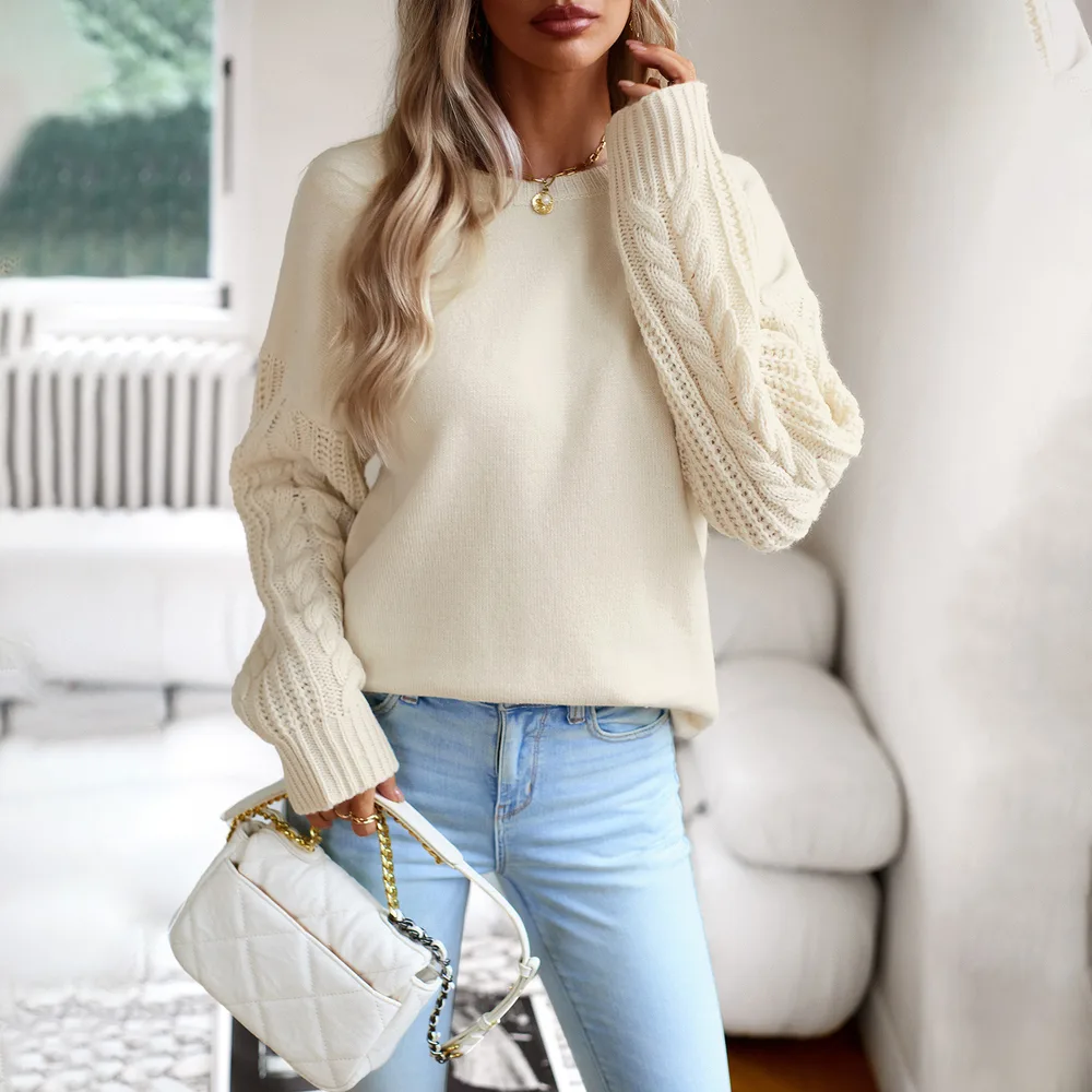Women's Fashionable Simple Round Neck Sweater - Beige