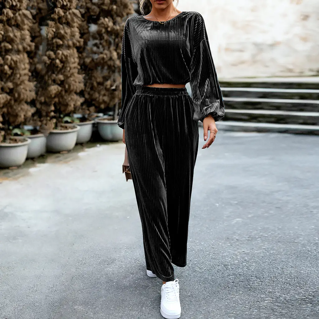 Women's Fashion Simple Solid Color Casual Velvet Suit - Black