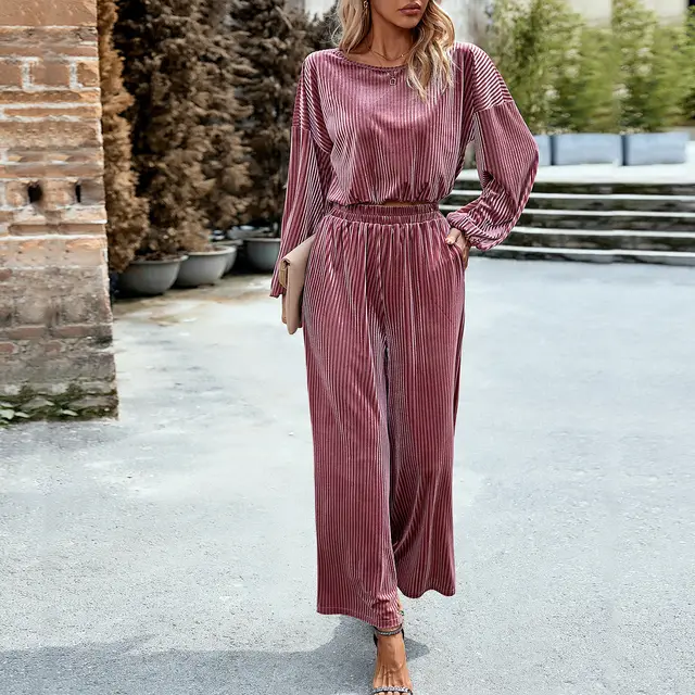 Women's Fashion Simple Solid Color Casual Velvet Suit Pink - Shop at LoveMi