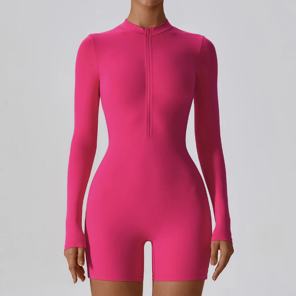 Long-sleeve Zipper One-piece Dance Fitness - Pitaya