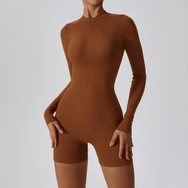 Long sleeve Zipper One piece Dance Fitness Wood Brown - Shop at LoveMi