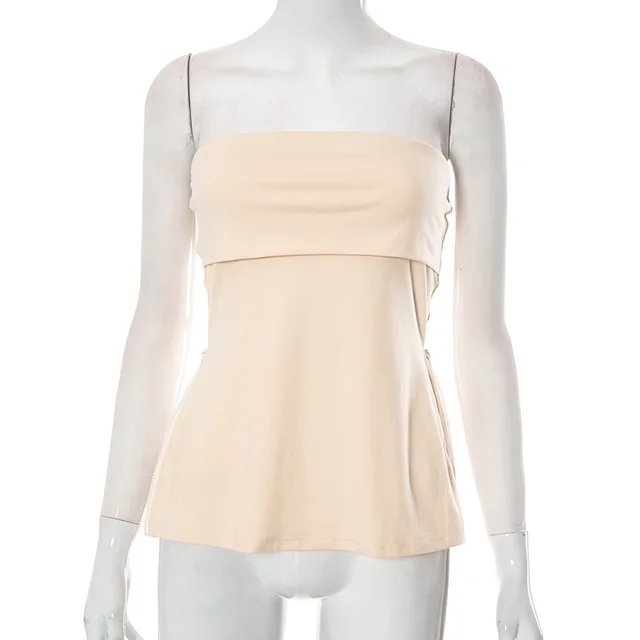 Sleeveless Tube Top Beauty Back Waist Slit Solid Color Top For Women Khaki - Shop at LoveMi