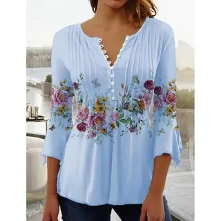 Women's Floral Printed V-neck Short Sleeve Button T-shirt - Blue