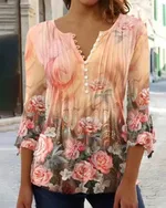 Women's Floral Printed V-neck Short Sleeve Button T-shirt - Orange