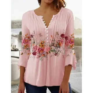 Women's Floral Printed V-neck Short Sleeve Button T-shirt - Pink
