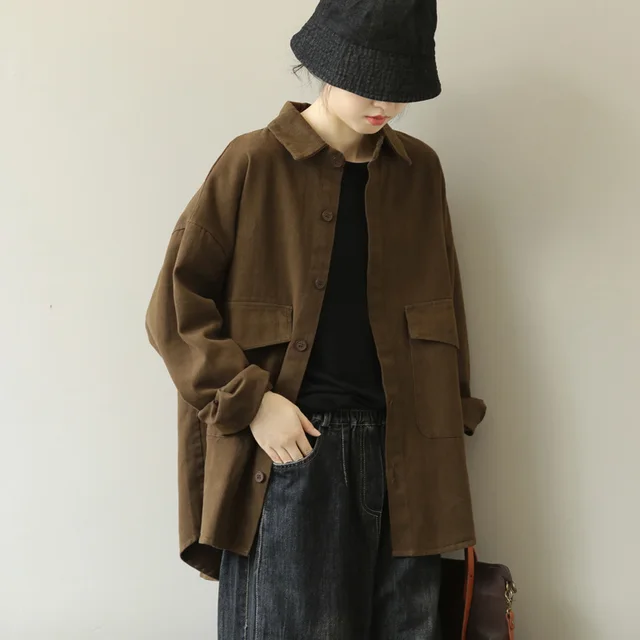 Large Pocket Shirt Casual Long Sleeve Top Brown - Shop at LoveMi