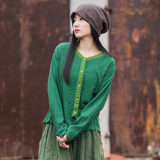 Artistic Retro Contrast Color Design Cotton And Linen New Round Neck Loose Shirt Green - Shop at LoveMi
