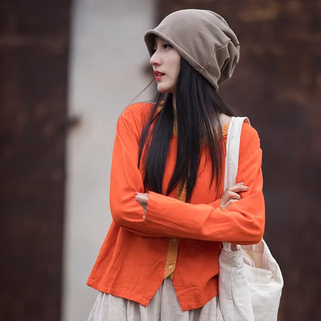 Artistic Retro Contrast Color Design Cotton And Linen New Round Neck Loose Shirt Orange - Shop at LoveMi