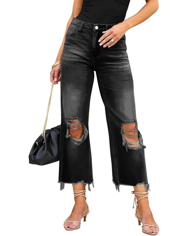 Women's Ripped Straight Loose Jeans Black - Shop at LoveMi
