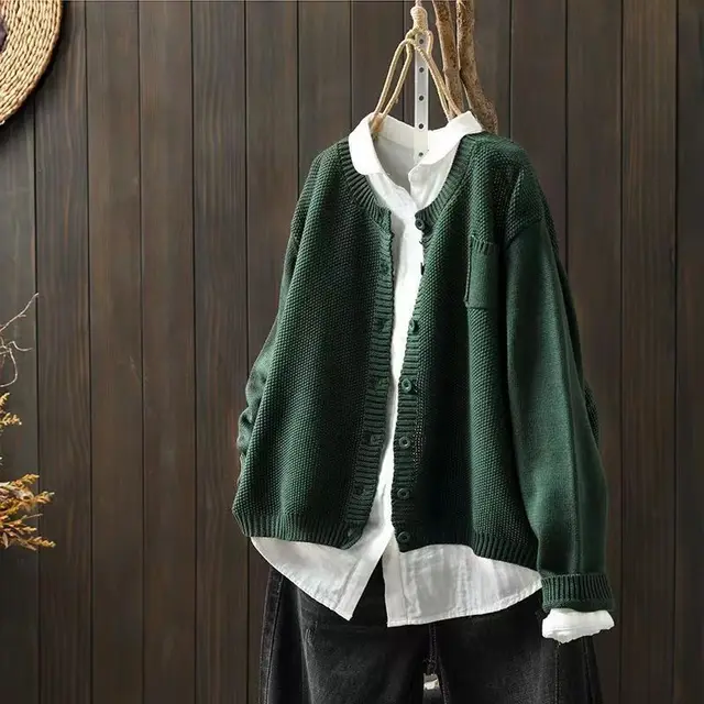 Women's Knitted Cardigan Coat Retro Loose Casual Sweater Army Green - Shop at LoveMi