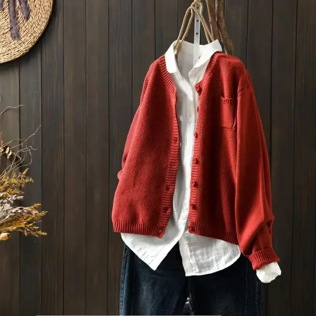 Women's Knitted Cardigan Coat Retro Loose Casual Sweater Rust Red - Shop at LoveMi