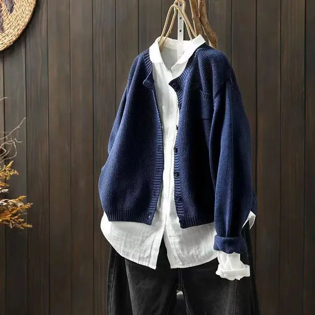 Women's Knitted Cardigan Coat Retro Loose Casual Sweater Sapphire Blue - Shop at LoveMi