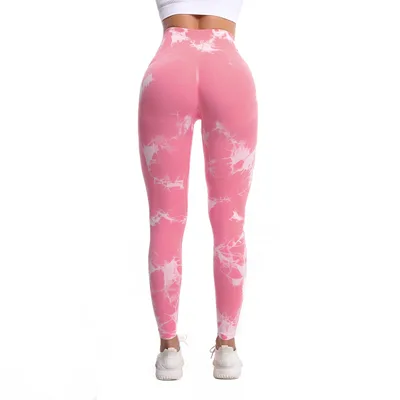 Women's Fashionable Simple Tie dye Printed High Waist Hip Lift Sports Running Fitness Pants Pink - Shop at LoveMi