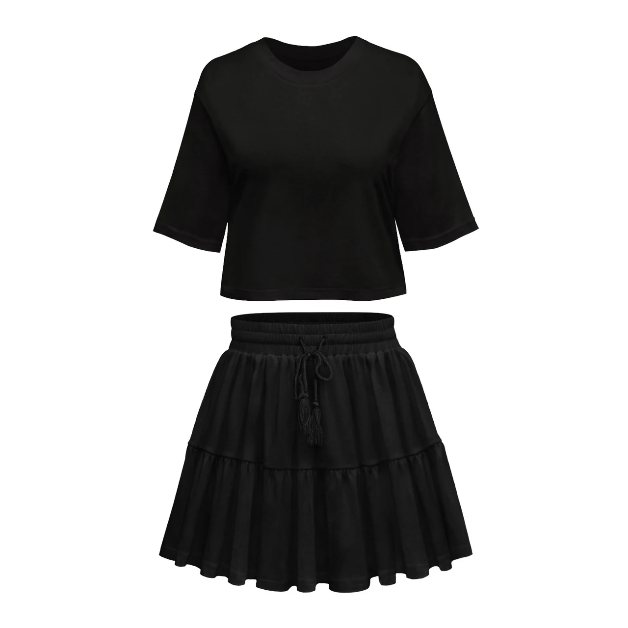 Short Sleeve Loose Crew Neck Top Suit - Black