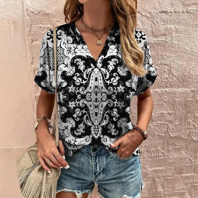 Printed T shirt Ethnic V neck Summer Short Sleeve Style2 - Shop at LoveMi