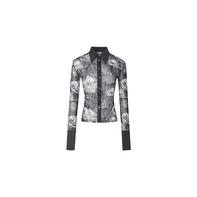 Mid length Printed Mesh Pleated Waist Shirt Black - Shop at LoveMi