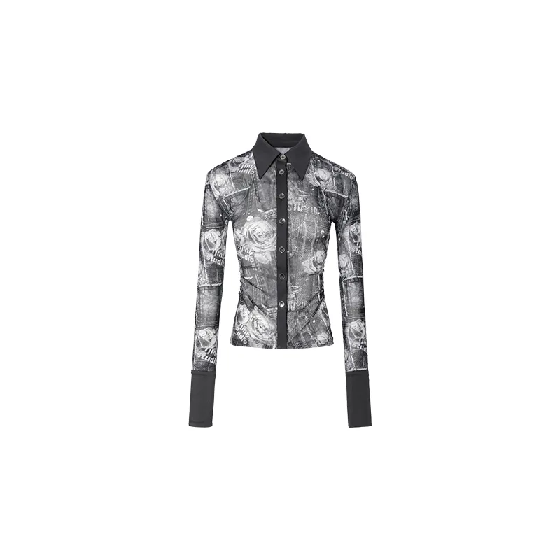 Mid-length Printed Mesh Pleated Waist Shirt - Blue - View 1