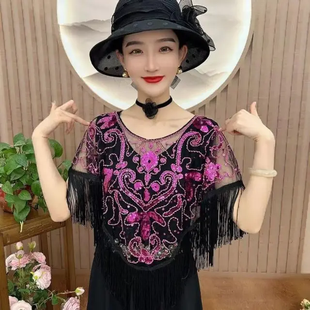 All matching Elegant Ethnic Style Tassel Sequins Shawl Sequined Shawl Rose Red - Shop at LoveMi