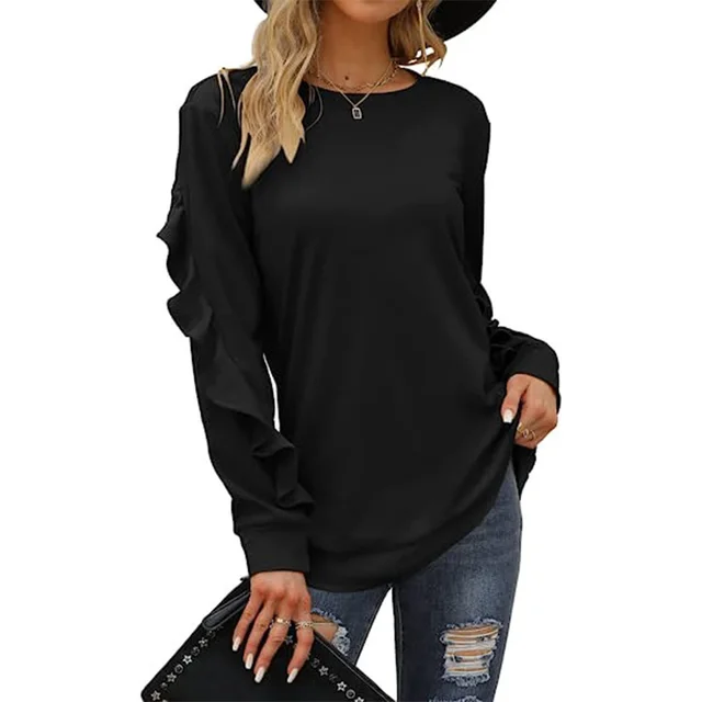 Women's Clothing Casual Round Neck Sweater Pleated Long Sleeve Top For Women Black - Shop at LoveMi
