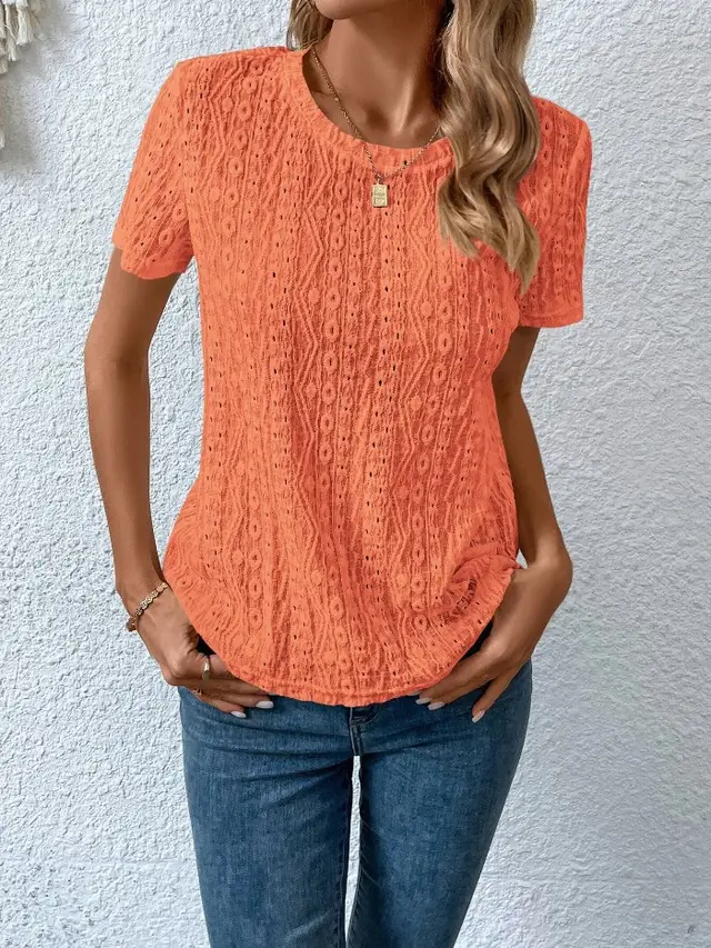 Hollowed Leisure Solid Color Round Neck T shirt For Women Orange - Shop at LoveMi